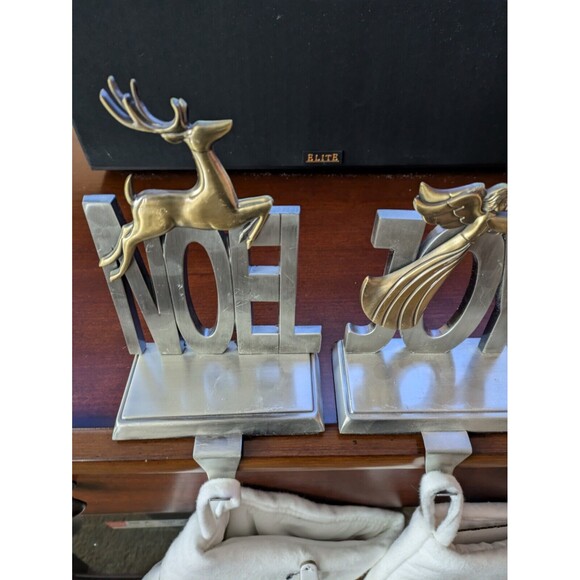 Silver & Bronze mantle Christmas Stocking holderLot of 2 (Joy &Noel)
